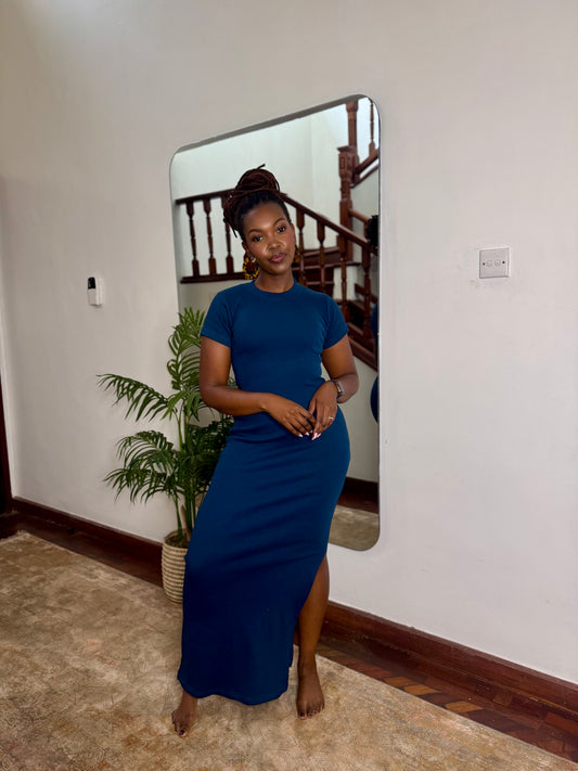 "Navy Baddie" Maxi Ribbed Bodycon dress- Navy Blue