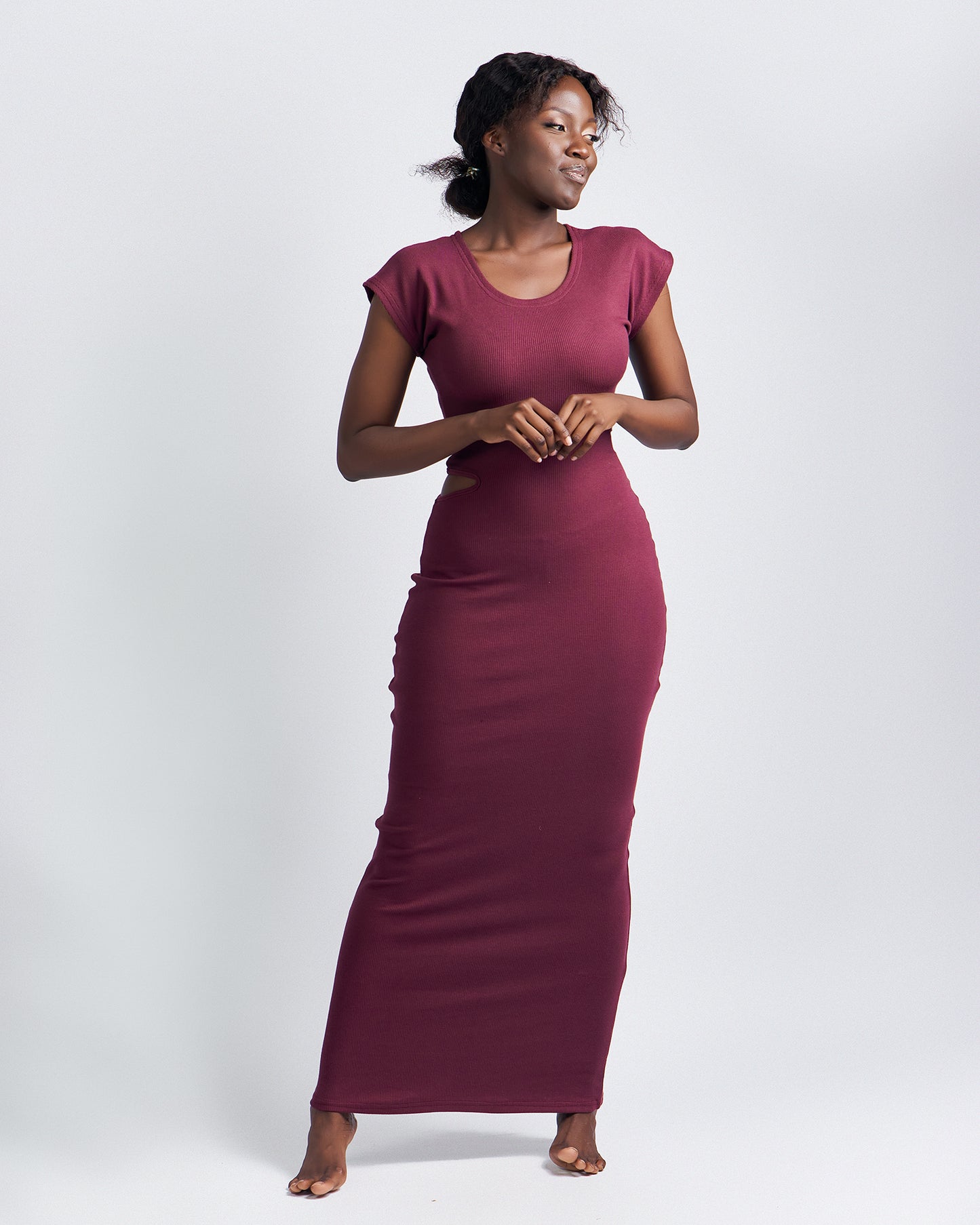 "Cutting Edge" Ribbed Bodycon Dress Burgundy - Egg Plant