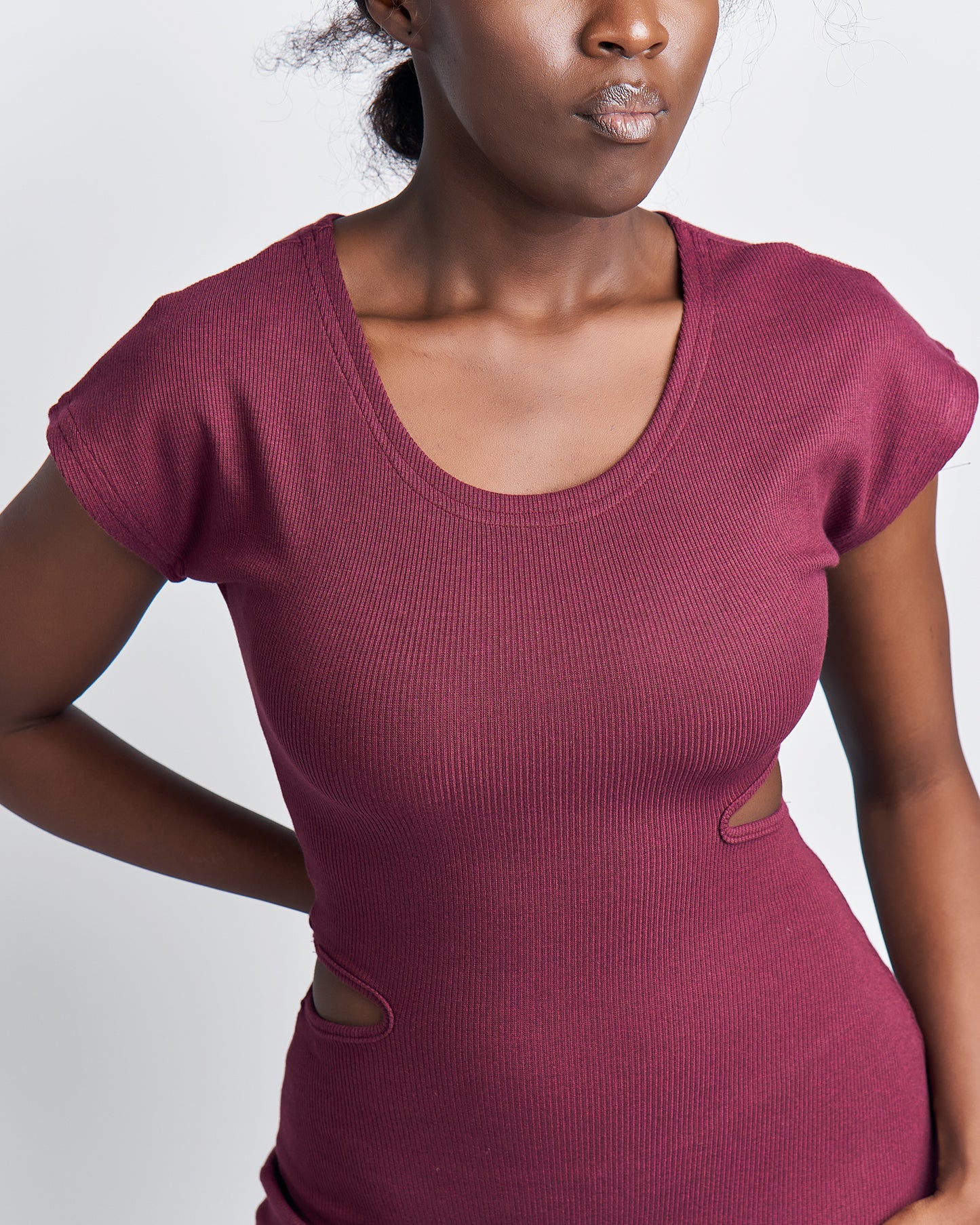 "Cutting Edge" Ribbed Bodycon Dress Burgundy - Egg Plant