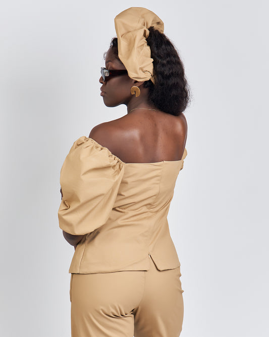 “Coco Puffs” Puff Sleeve Blouse- Camel