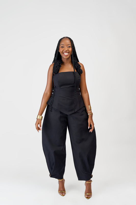 "Rooted Stem" Barrel Pant Set- Noir Black