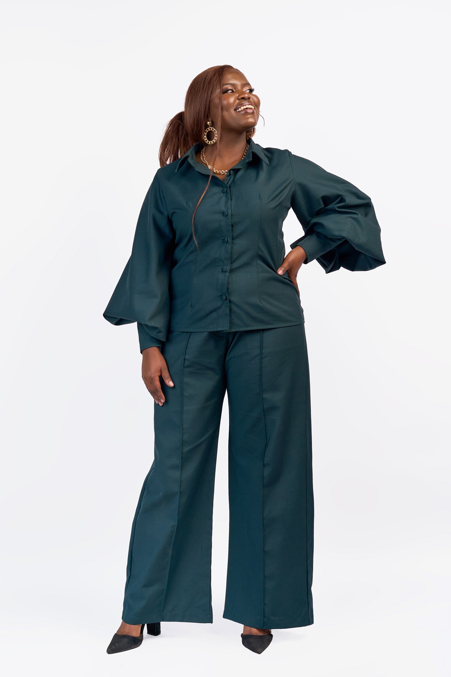 “Nia” Lantern Sleeve Two-piece- Dark Green