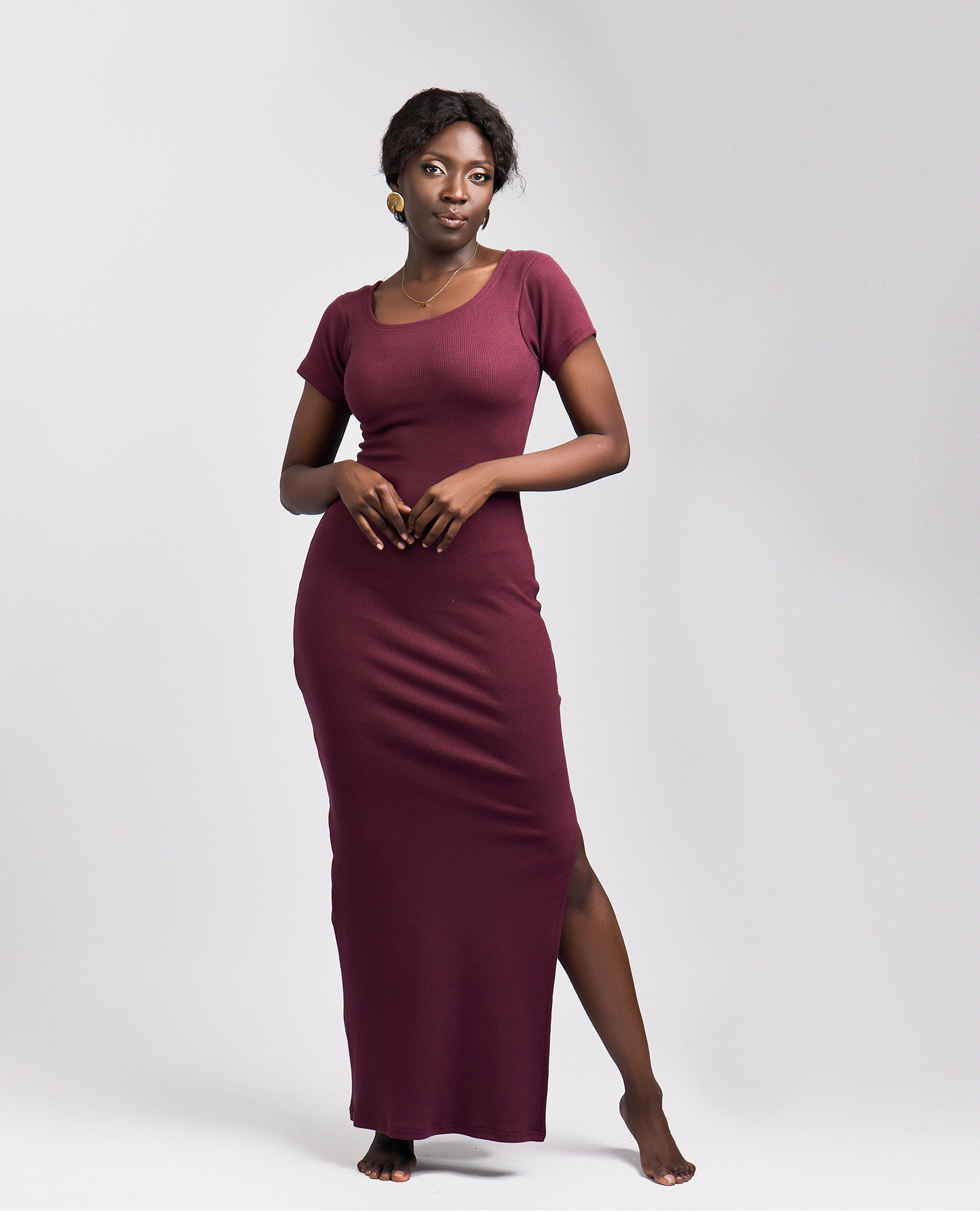 "Sweet Pea" Ribbed Bodycon Dress Burgundy - Eggplant