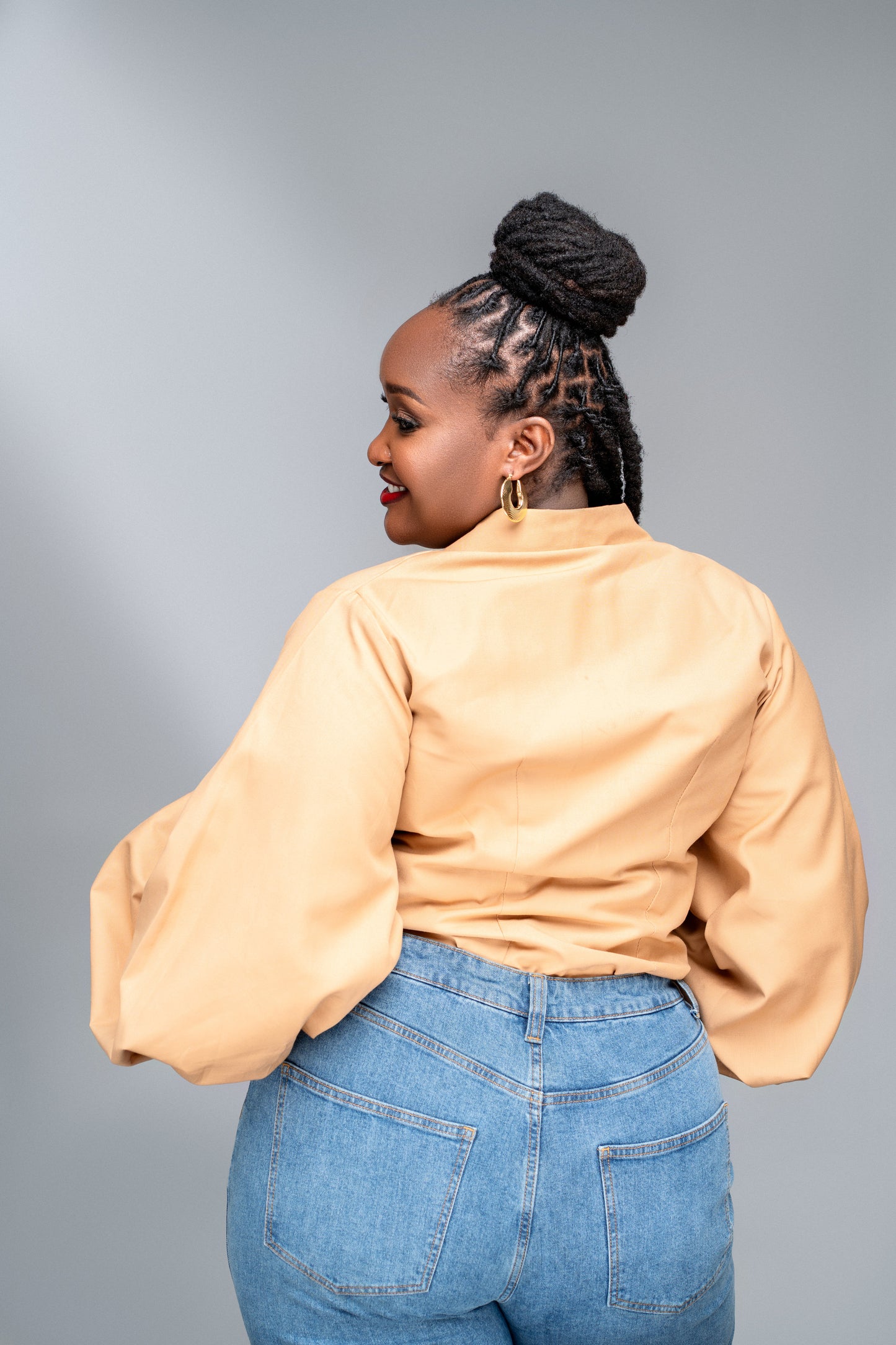 “Olivia Pope" Lantern Sleeve Cotton Shirt- Camel