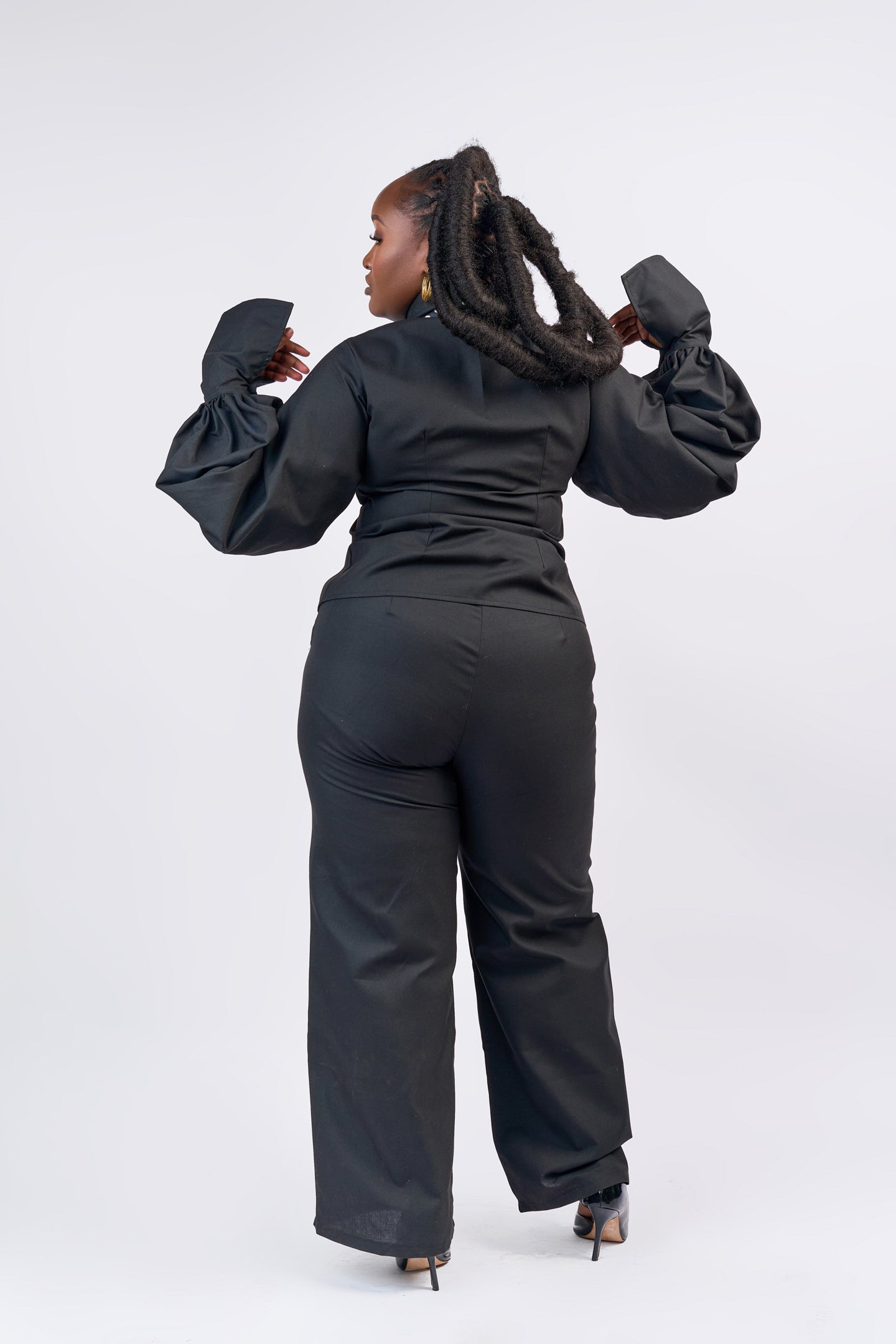 “Nia” Lantern Sleeve Two-piece- Electric Black