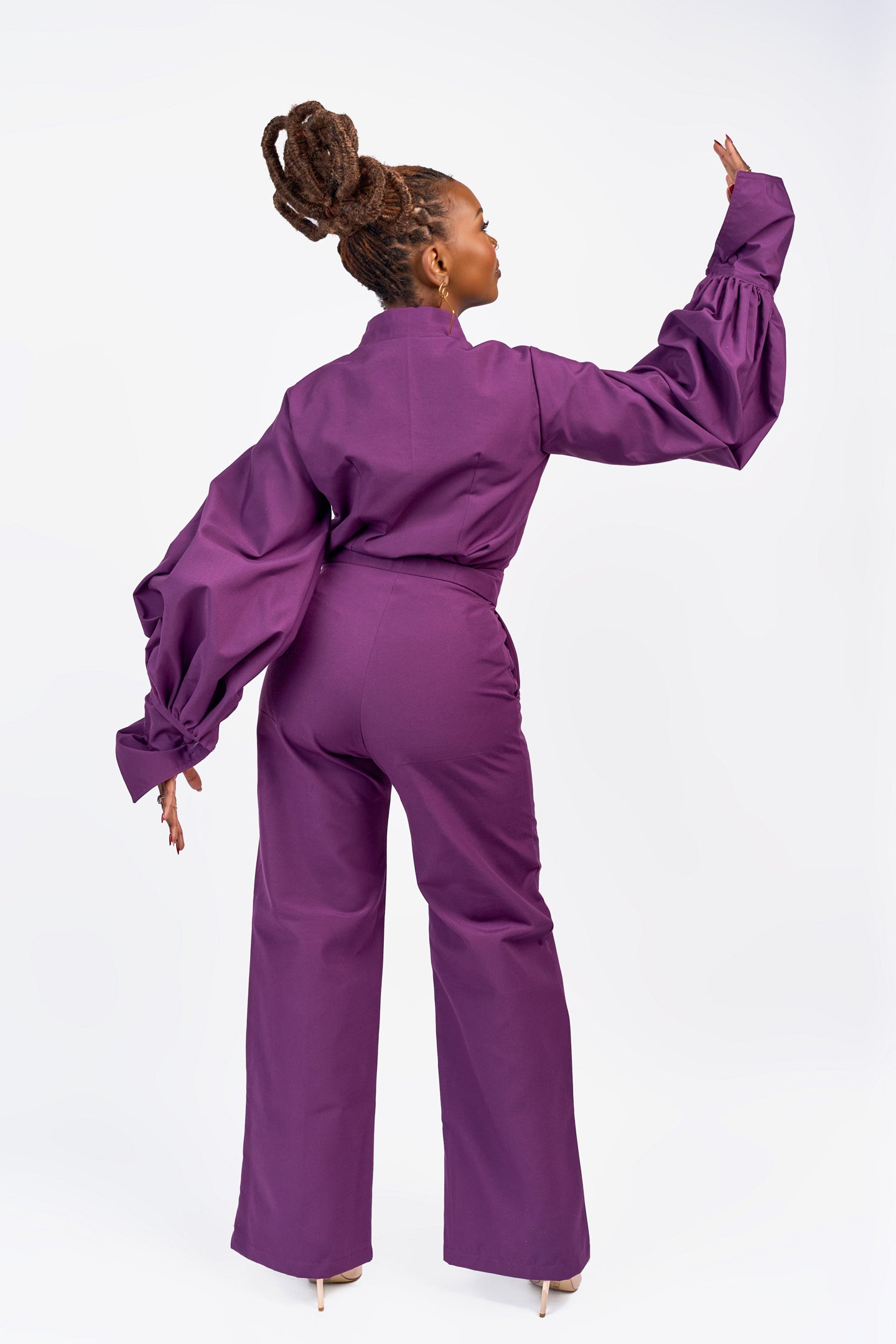 "Olivia Pope" Lantern Sleeve Cotton Shirt - Eggplant Purple