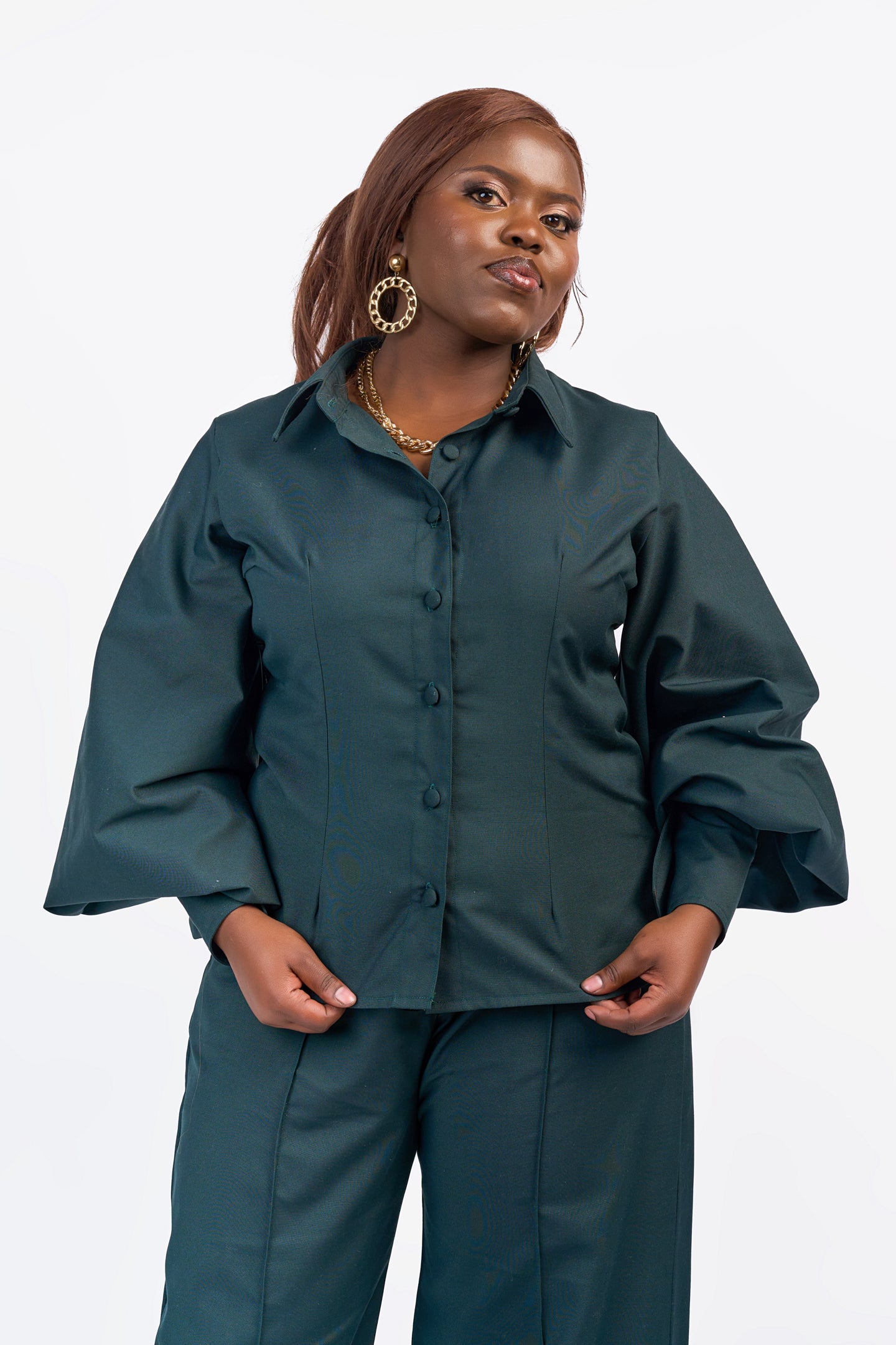 "Olivia Pope" Lantern Sleeve Cotton Shirt - Dark Green