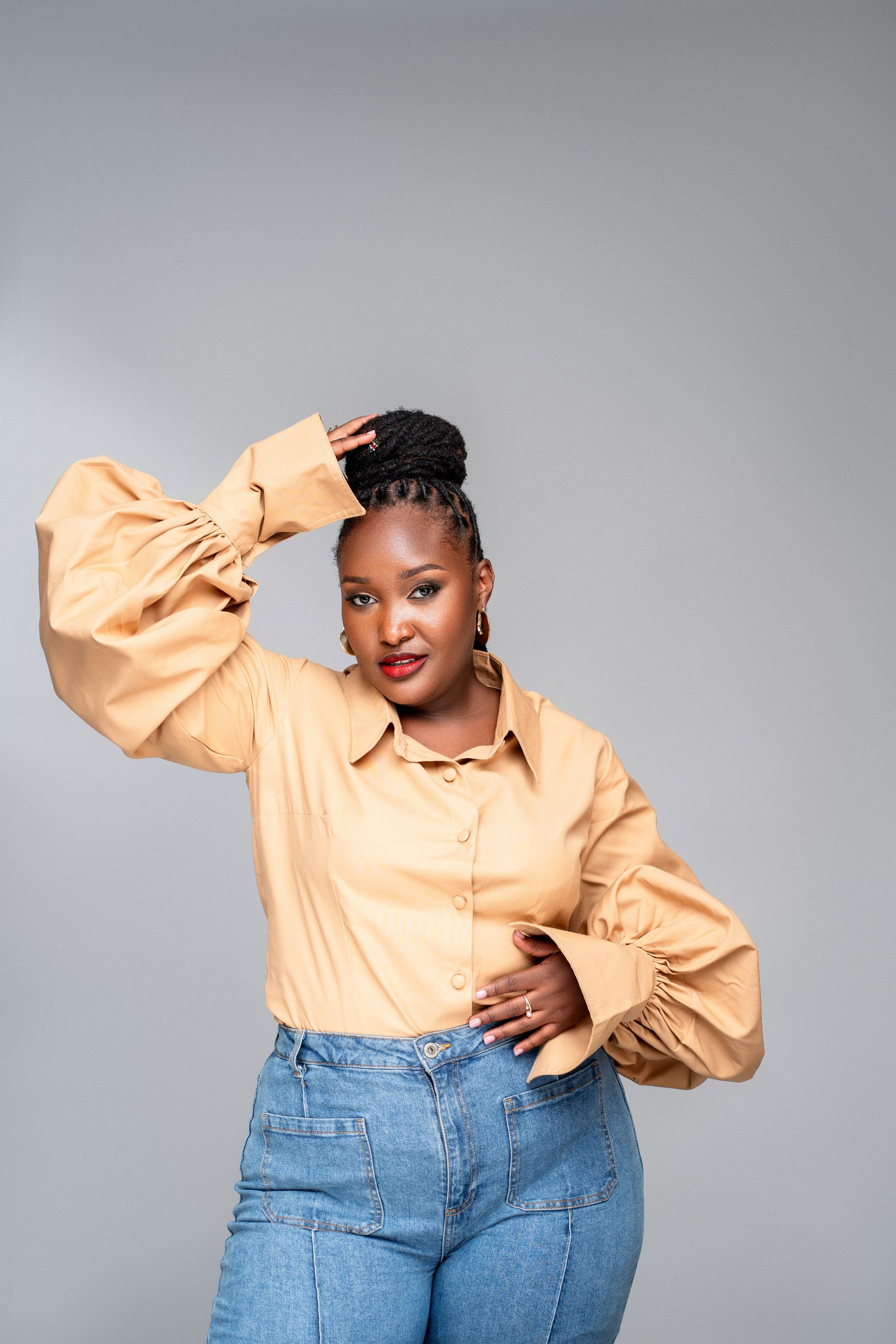 “Olivia Pope" Lantern Sleeve Cotton Shirt- Camel