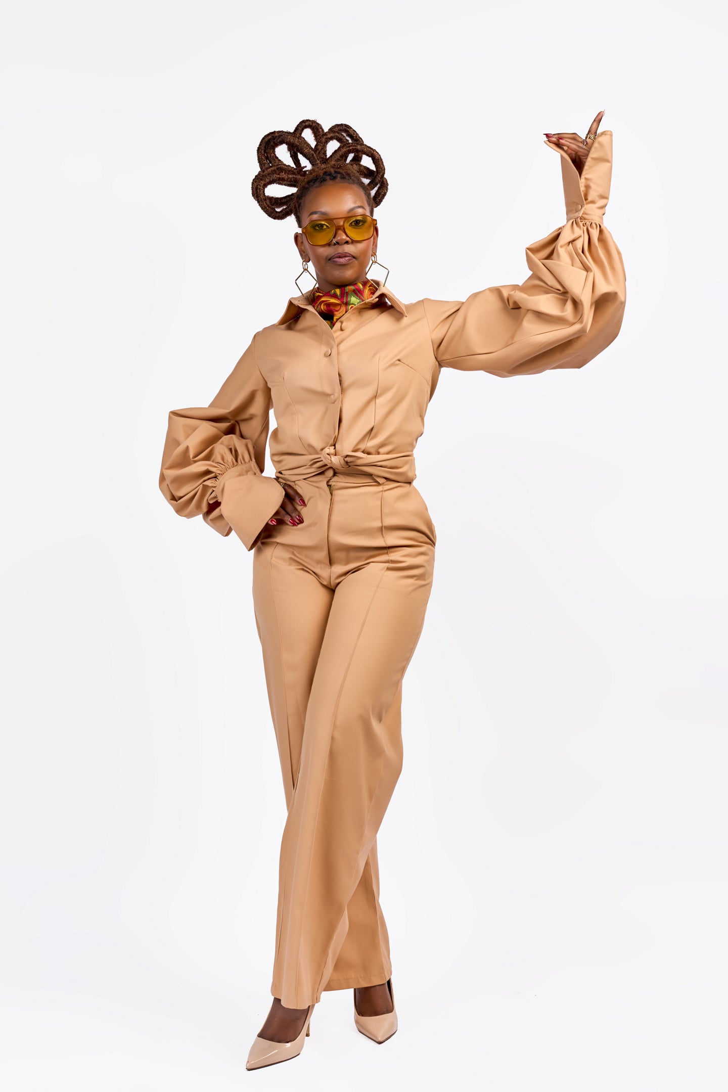 “Nia” Lantern Sleeve Two-piece- Camel
