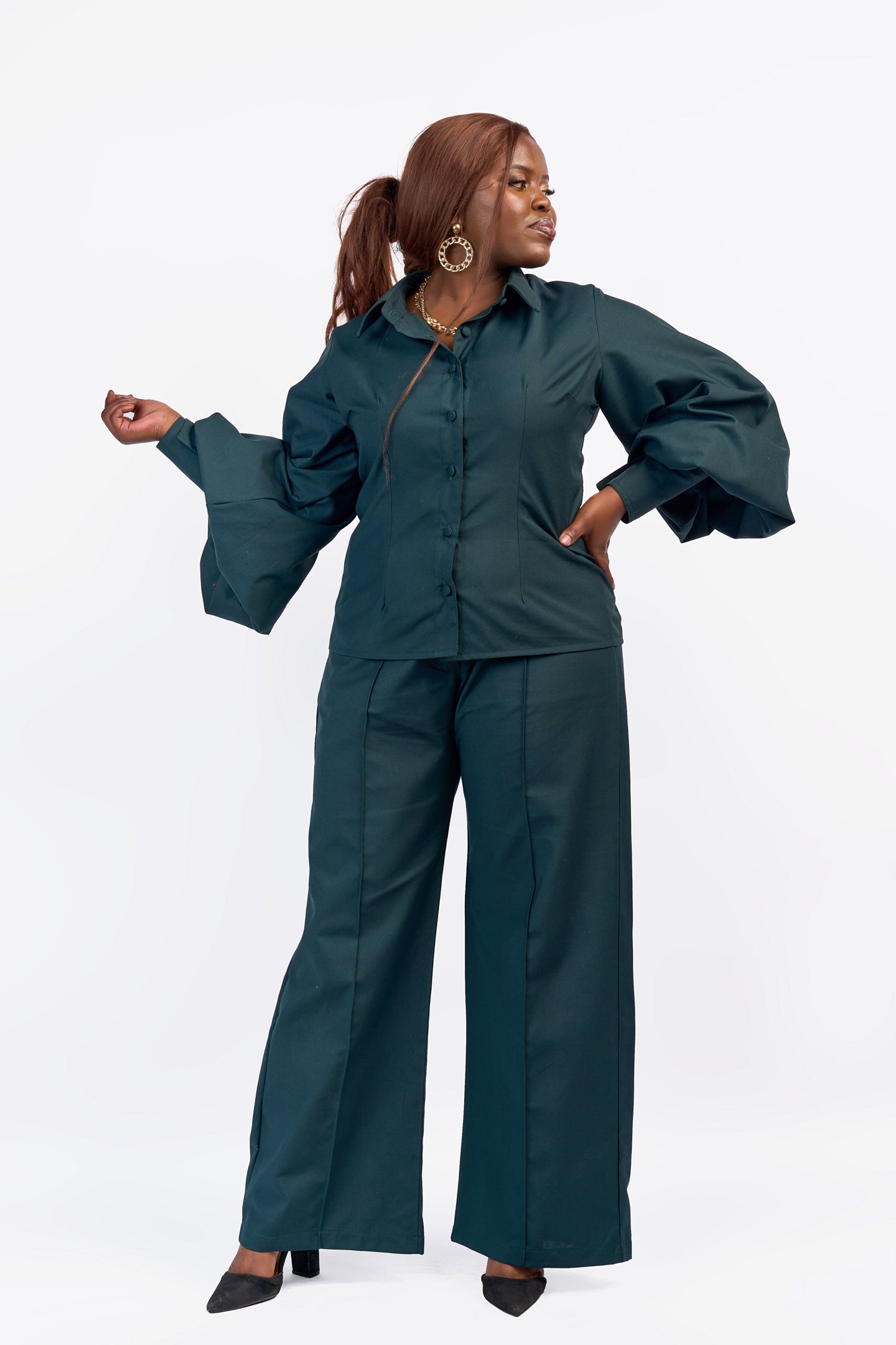 "Olivia Pope" Lantern Sleeve Cotton Shirt - Dark Green