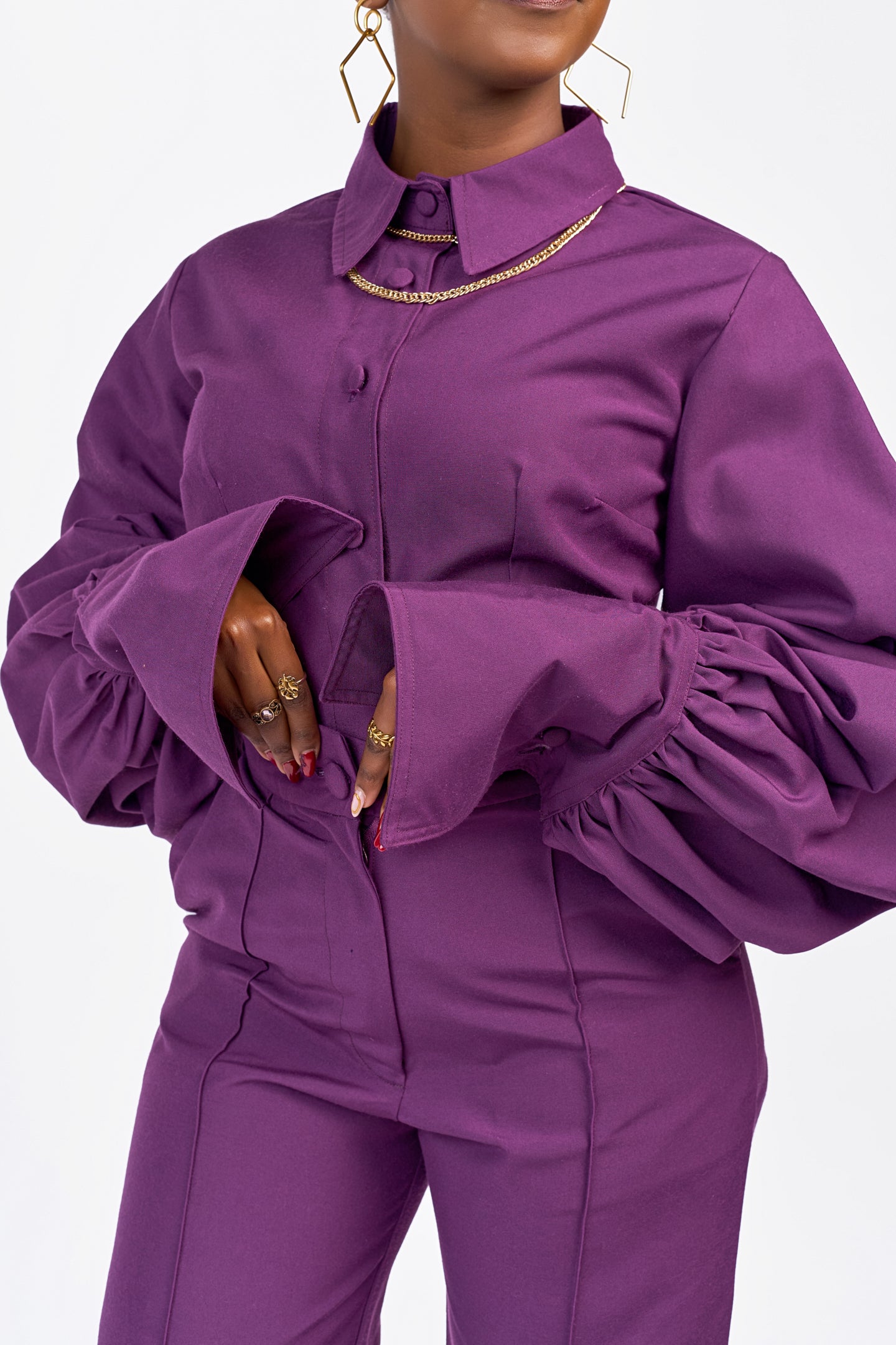 "Olivia Pope" Lantern Sleeve Cotton Shirt - Eggplant Purple