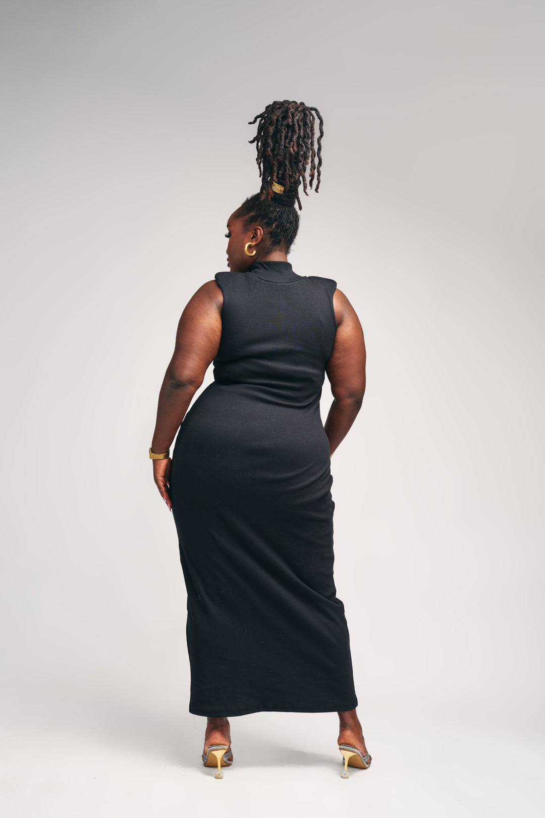 “Never Basic” Padded Shoulder Ribbed Dress