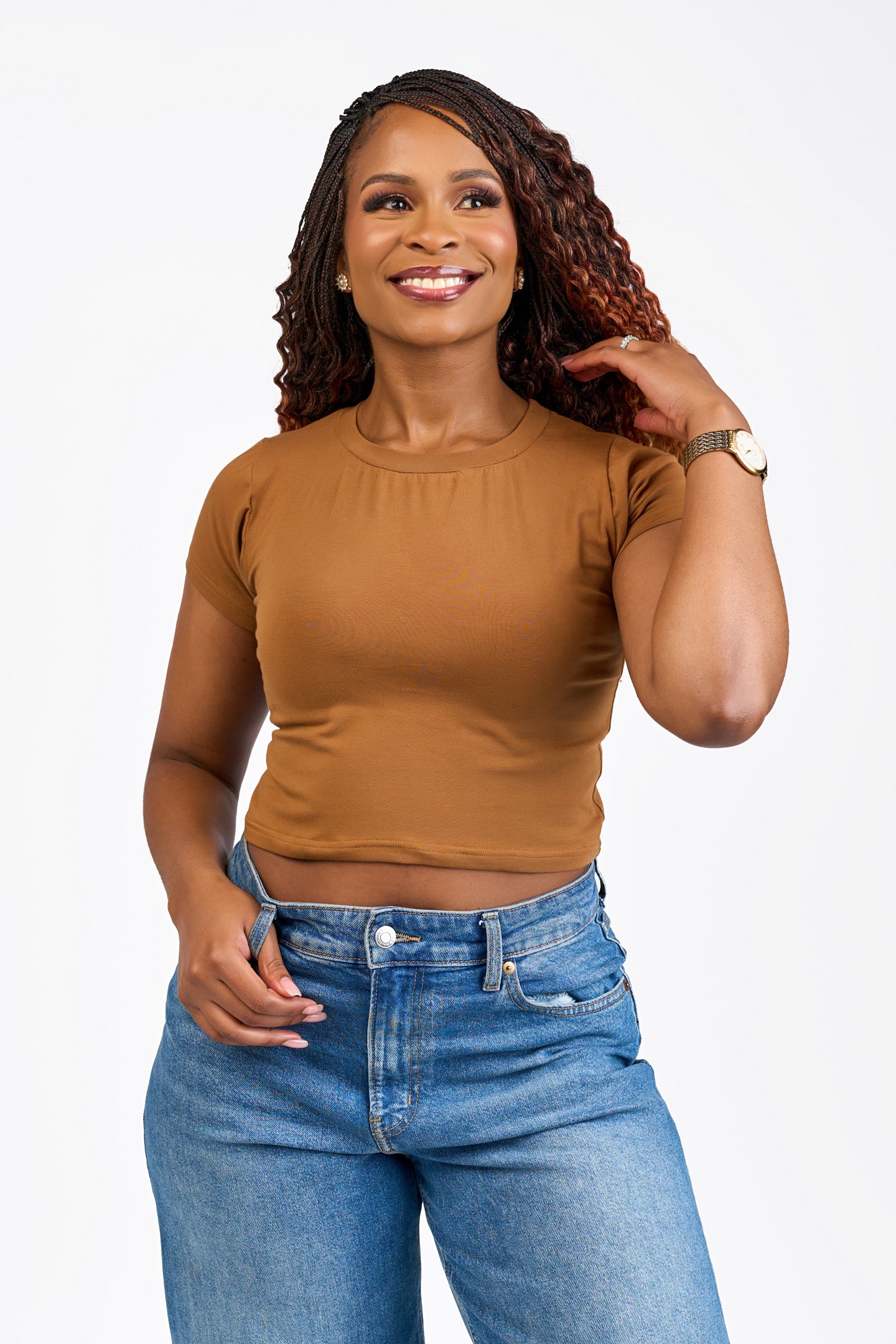 “Second Skin" Cap Sleeve Crop Top- Brown