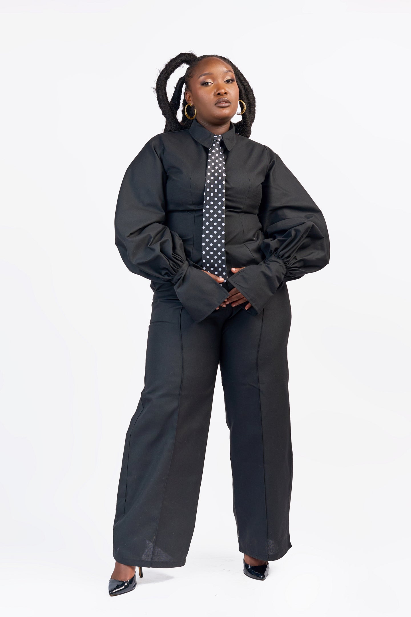 “Nia” Lantern Sleeve Two-piece- Electric Black