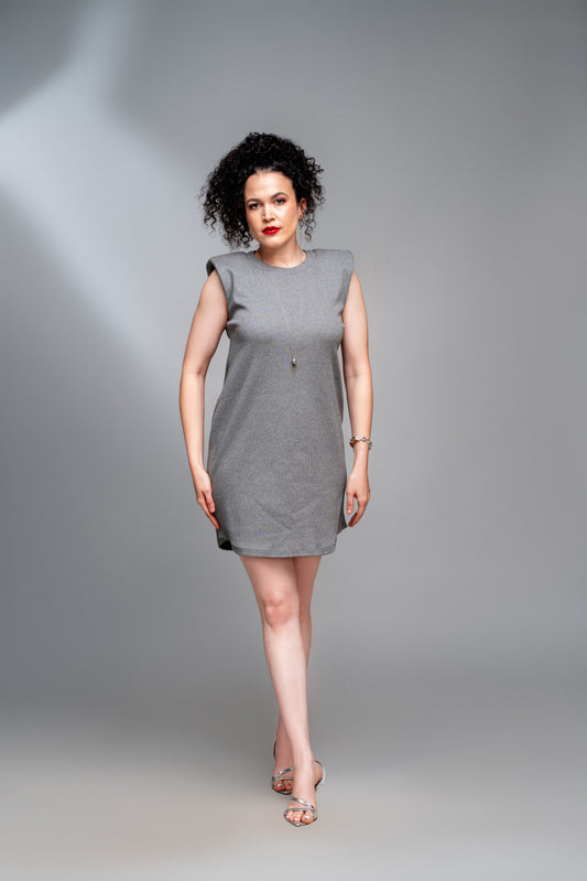 "Elevated Essential" Padded Shoulder Ribbed Tee Dress- Stone