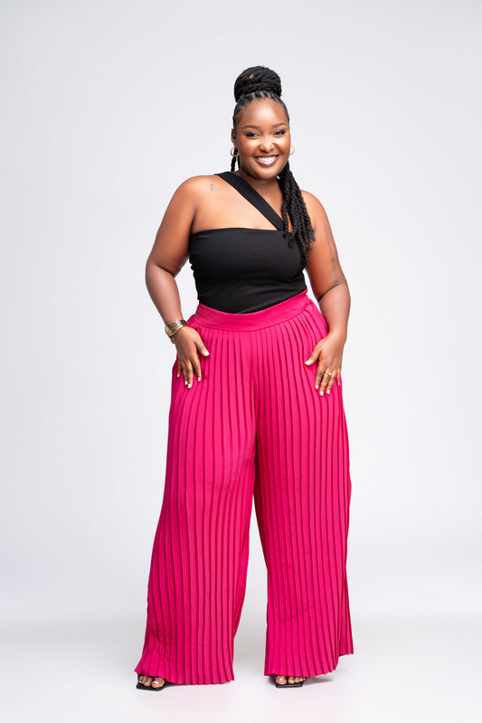 “Pleats Please" Pleated Wide Leg Pants- Hot Pink