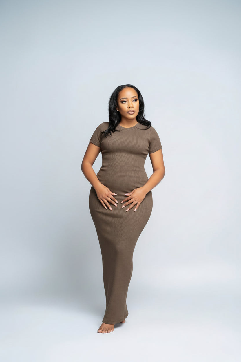 "Sweet Pea" Bodycon Ribbed Dress- Dry Cocoa