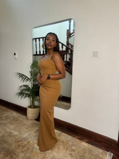 “Just a girl” Ribbed Bodycon Maxi Dress- Cinnamon