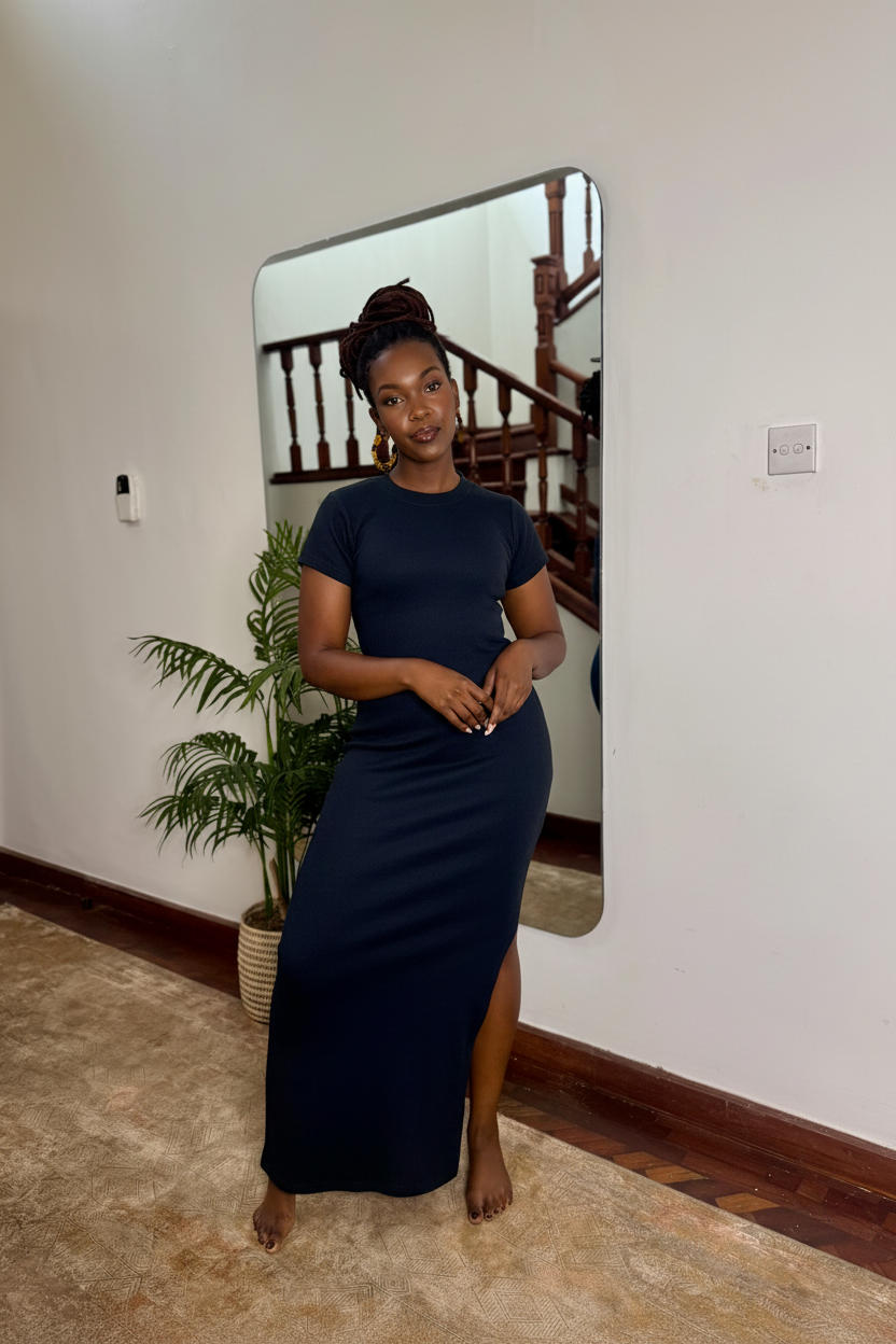"Navy Baddie" Maxi Ribbed Bodycon dress- Navy Blue
