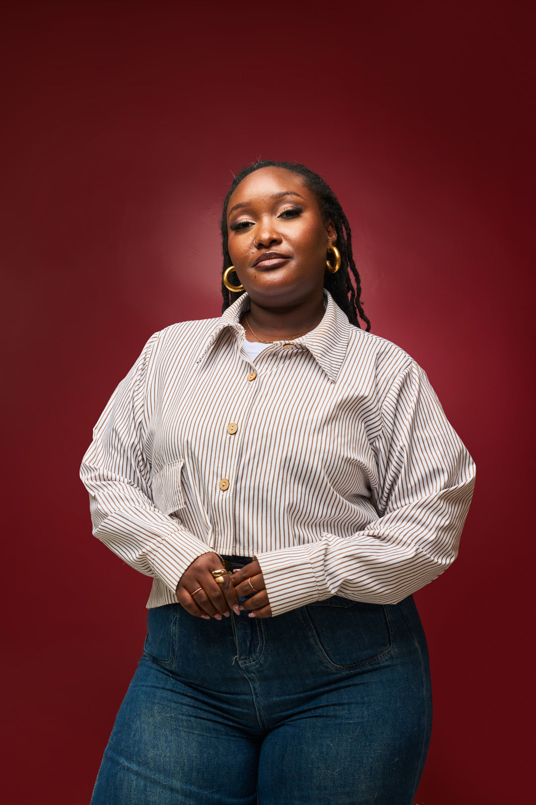 "Zahara" Poplin Crop Shirt- Brown Pinstripe