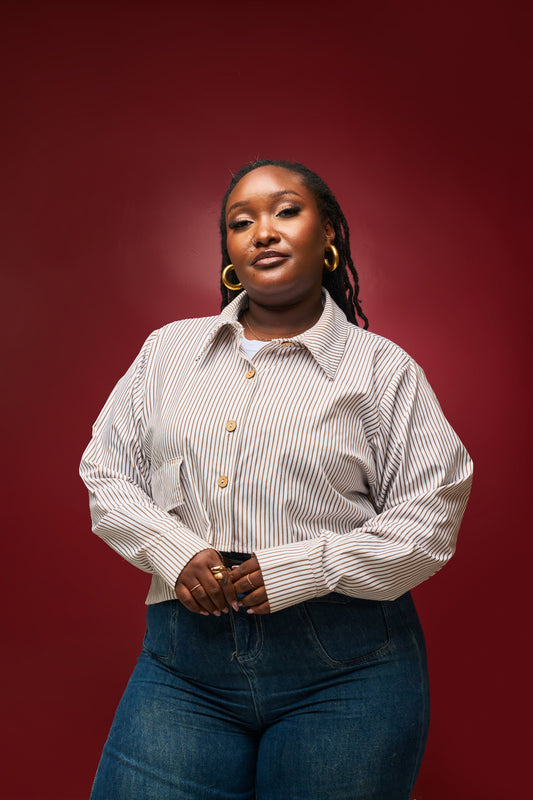 "Zahara" Poplin Crop Shirt- Brown Pinstripe