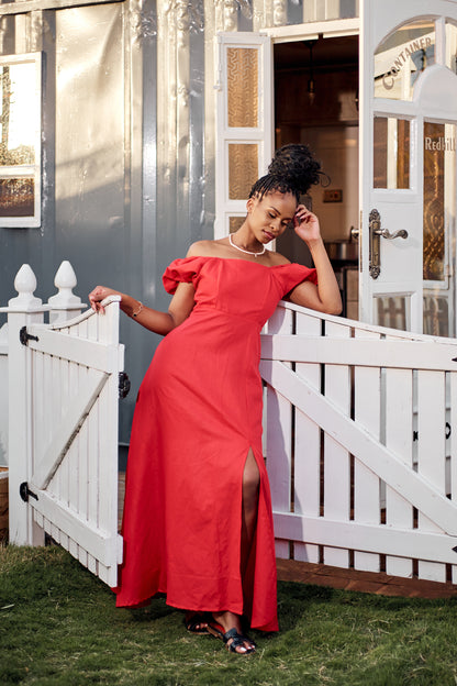 "Marilyn" Puff Sleeve Dress - Red