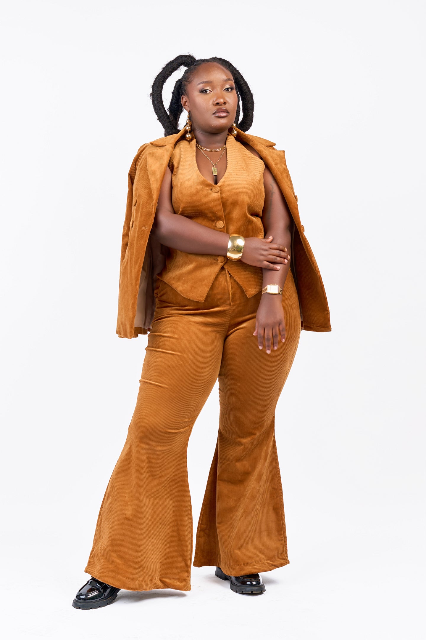 “Lioness” 3 Piece Rich Caramel Corduroy Pant Suit