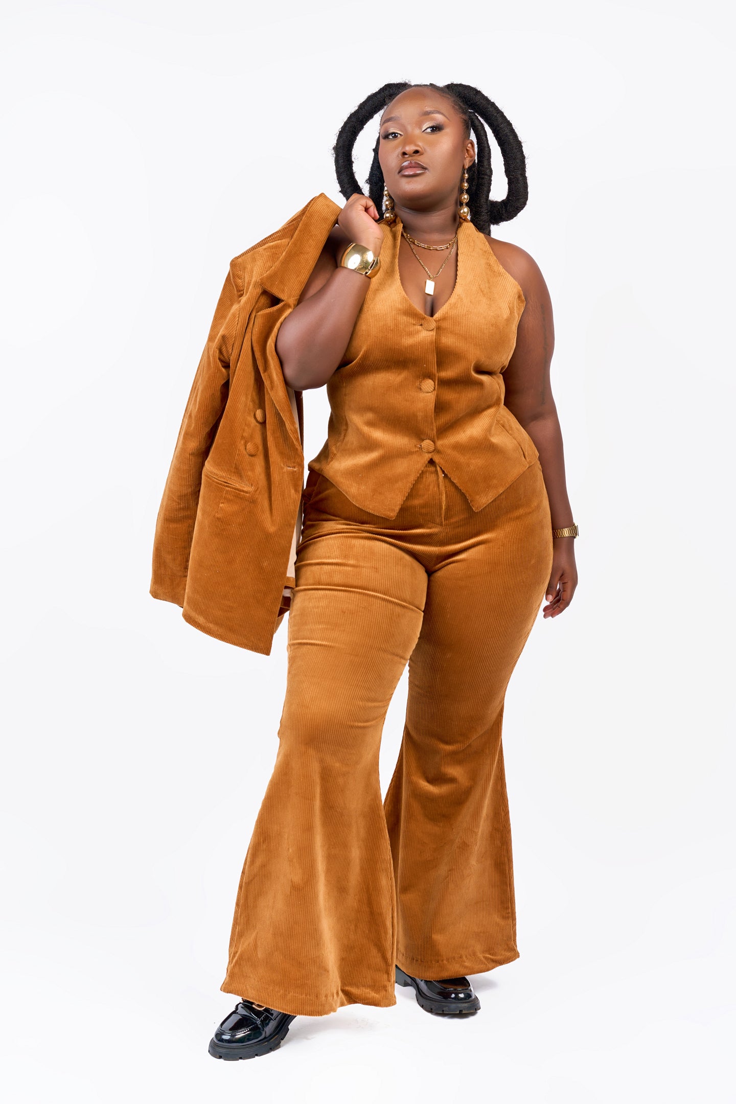 “Lioness” 3 Piece Rich Caramel Corduroy Pant Suit