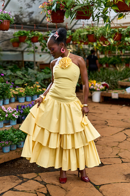 "Soft Bloom" Tiered Detachable Maxi Dress- Butter Yellow