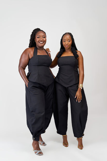 "Rooted Stem" Barrel Pant Set- Noir Black