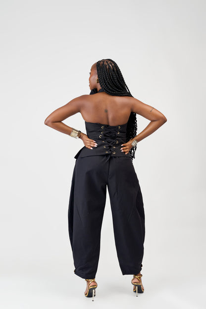 "Rooted Stem" Barrel Pant Set- Noir Black
