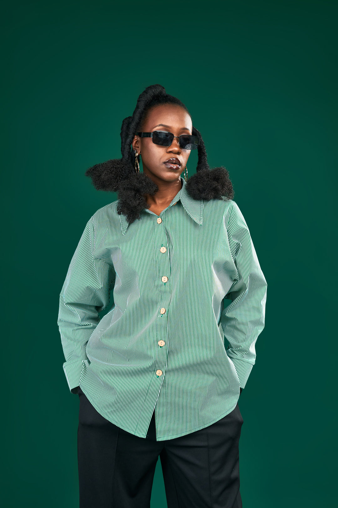 "Out of Office” Oversize Shirt- Green Pinstripe