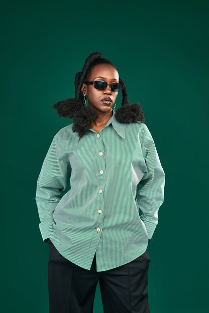 "Out of Office” Oversize Shirt- Green Pinstripe
