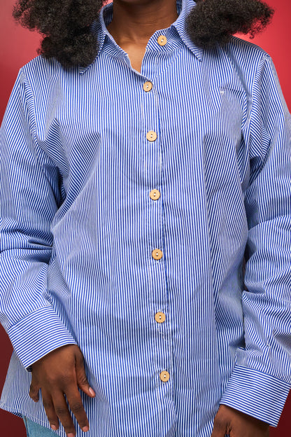 "Out of Office” Oversize Shirt- Blue Pinstripe