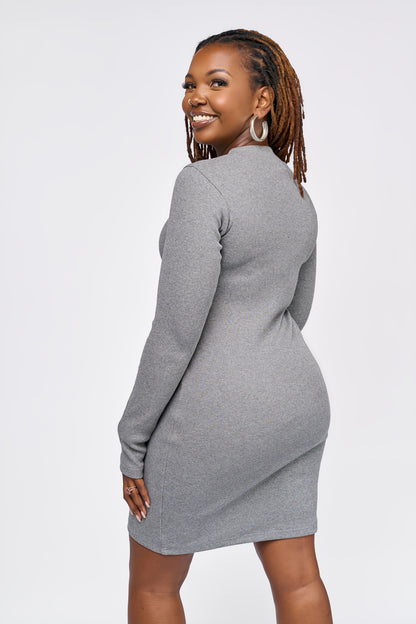 grey ribbed bodycon dress Long Flared Sleeve Drape Detail Mini Bodycon Dress In Grey Knit | EGO US