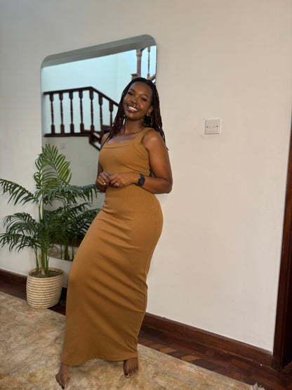 “Just a girl” Ribbed Bodycon Maxi Dress- Cinnamon