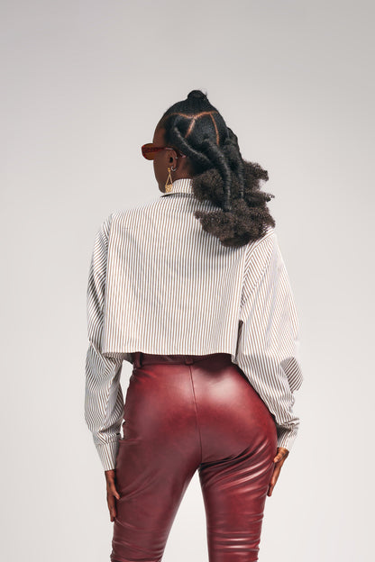 "Zahara" Poplin Crop Shirt- Brown Pinstripe