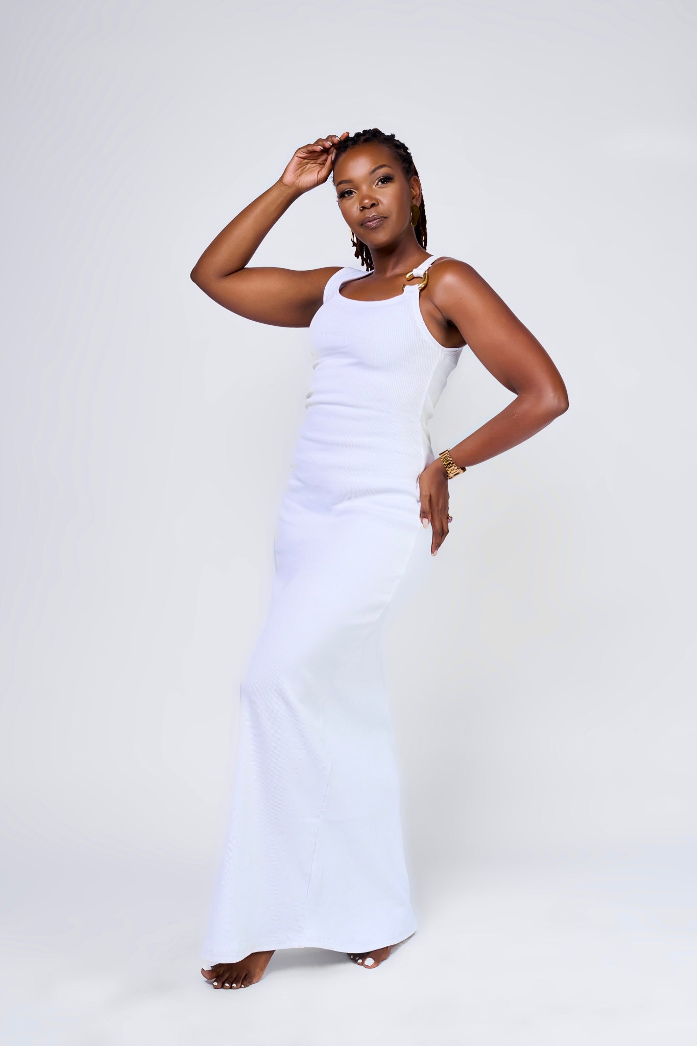 “Merry Fine" Ribbed Maxi Bodycon Dress- White