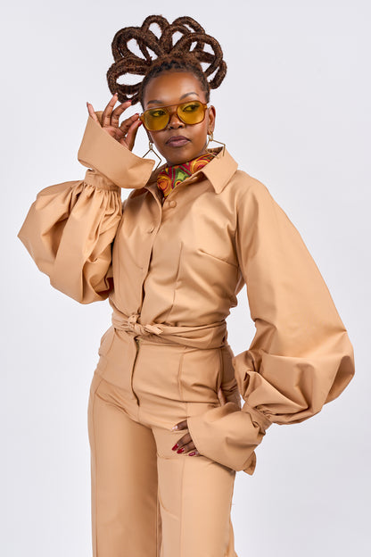 “Nia” Lantern Sleeve Two-piece- Camel