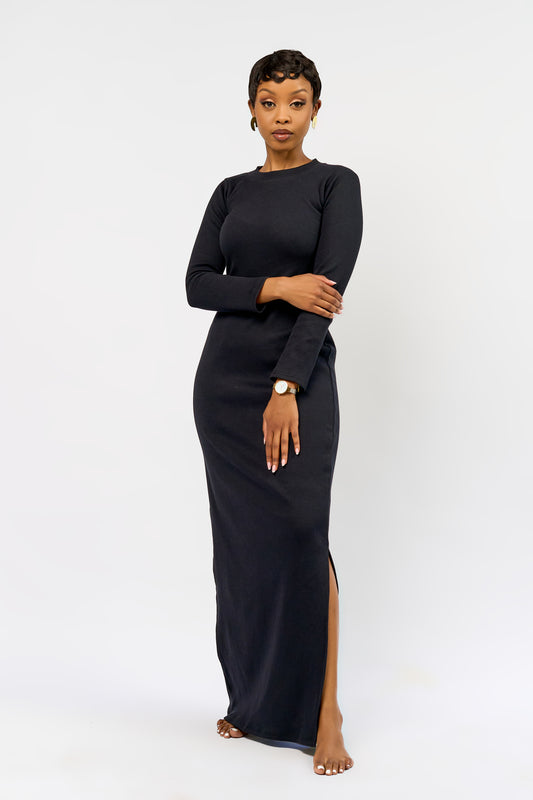 “Bailey" Ribbed Maxi Bodycon Dress-Charcoal Black