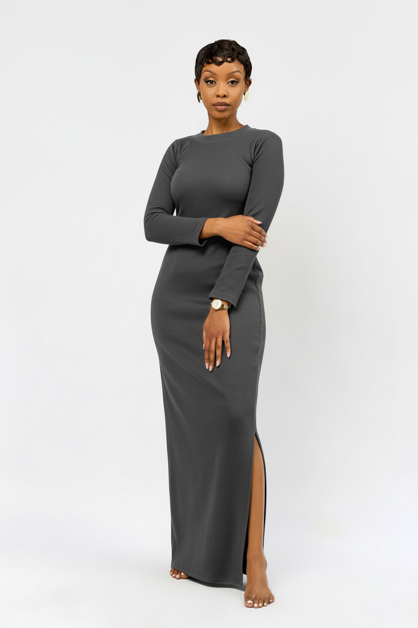 "Bailey" Ribbed Bodycon Dress - Charcoal Grey