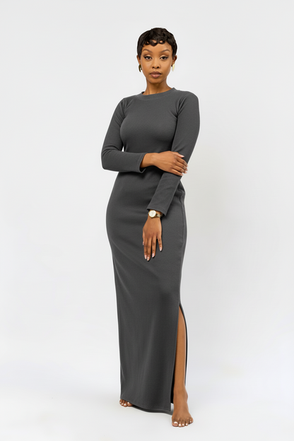 "Bailey" Ribbed Bodycon Dress - Charcoal Grey