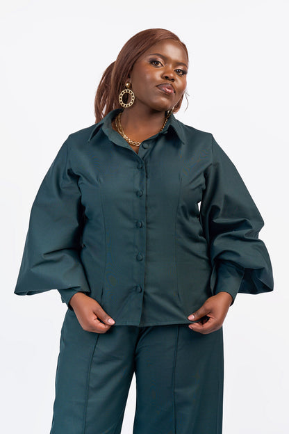 "Olivia Pope" Lantern Sleeve Cotton Shirt - Dark Green