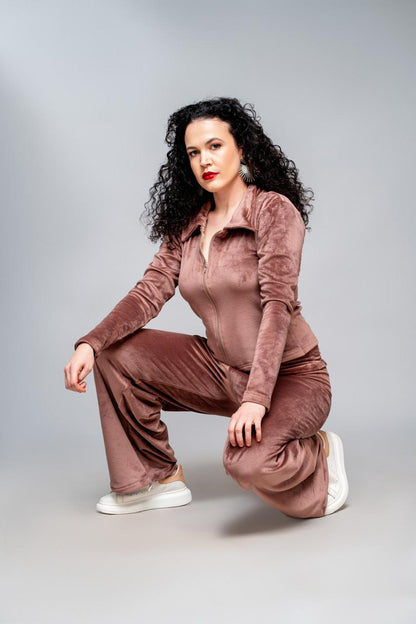 “Soccer Mom" Velvet Cardigan Set- Rose Gold