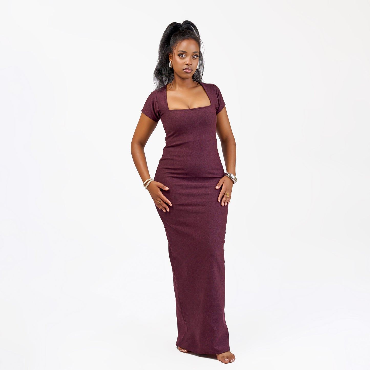 “Show Stopper" Cap Sleeve Square Neck Capri Dress- Burgundy