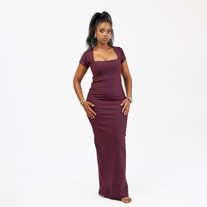 “Show Stopper" Cap Sleeve Square Neck Capri Dress- Burgundy