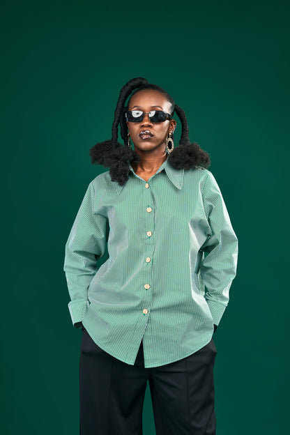 "Out of Office” Oversize Shirt- Green Pinstripe
