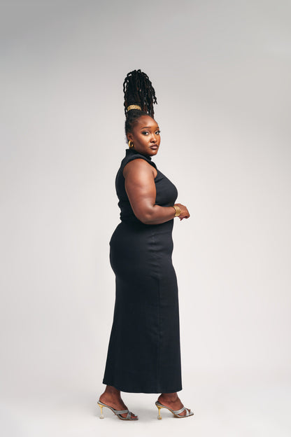 “Never Basic” Padded Shoulder Ribbed Dress