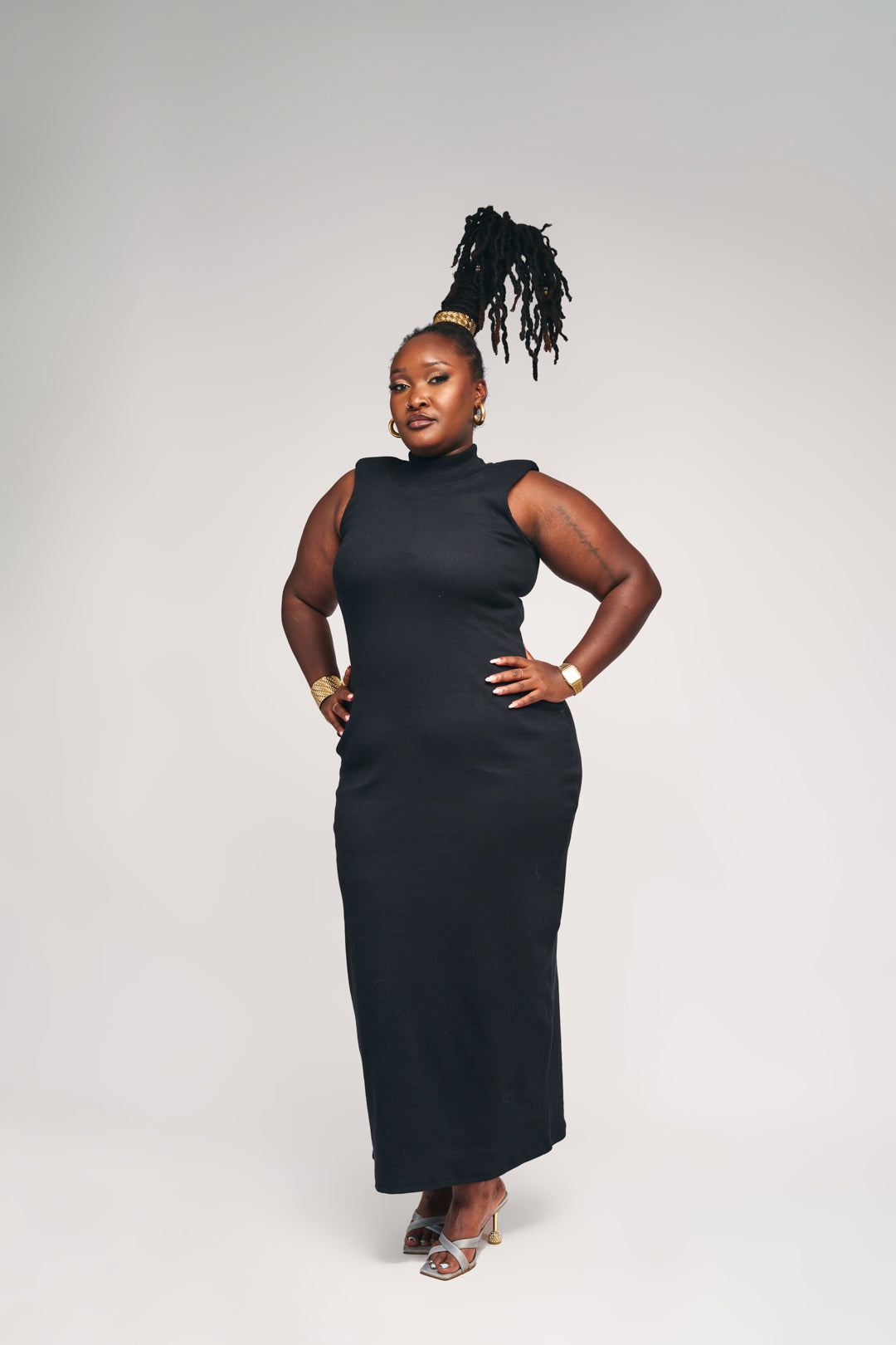 “Never Basic” Padded Shoulder Ribbed Dress