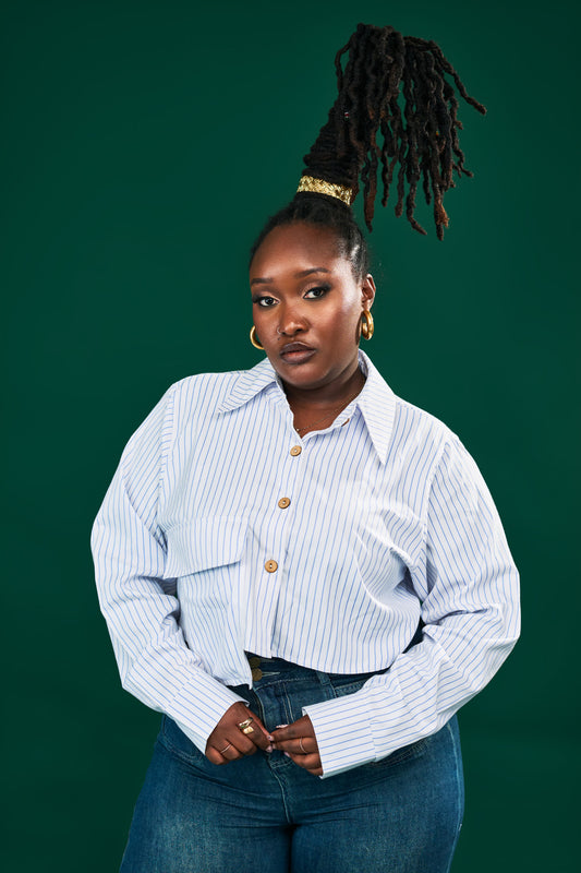 "Zahara" Poplin Crop Shirt- Blue Pinstripe